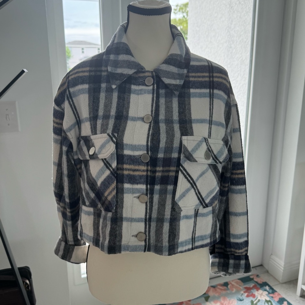 Zara Blue and White Plaid Utility Jacket